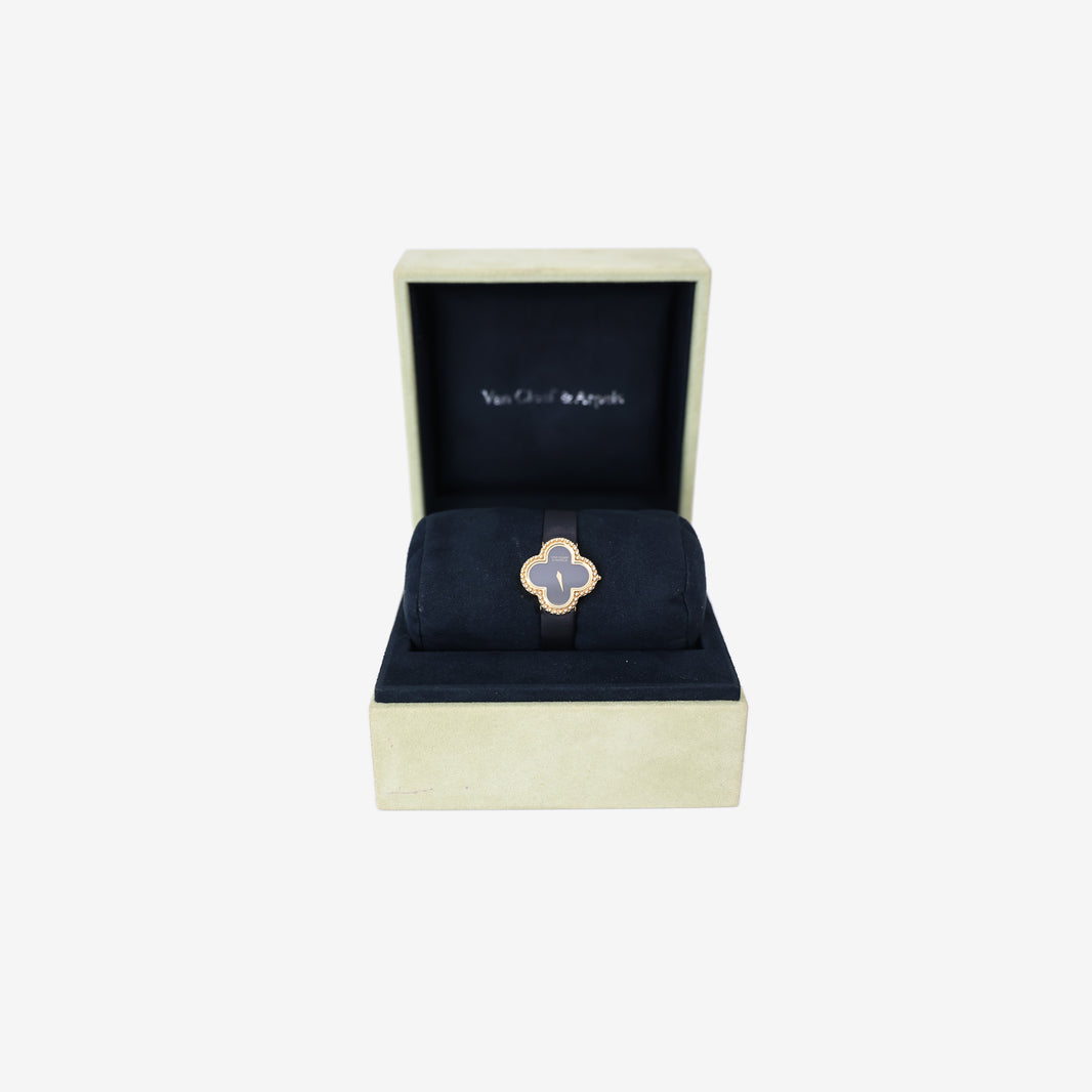Van Cleef & Arpels Alhambra Watch in Black Leather and 18K Yellow Gold front view