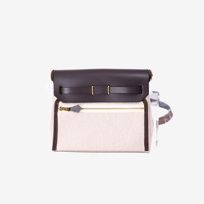Hermès Mini Herbag Zip 20 in Ebene Vache Hunter Leather and Ecru Toile Canvas with Gold-Plated Hardware