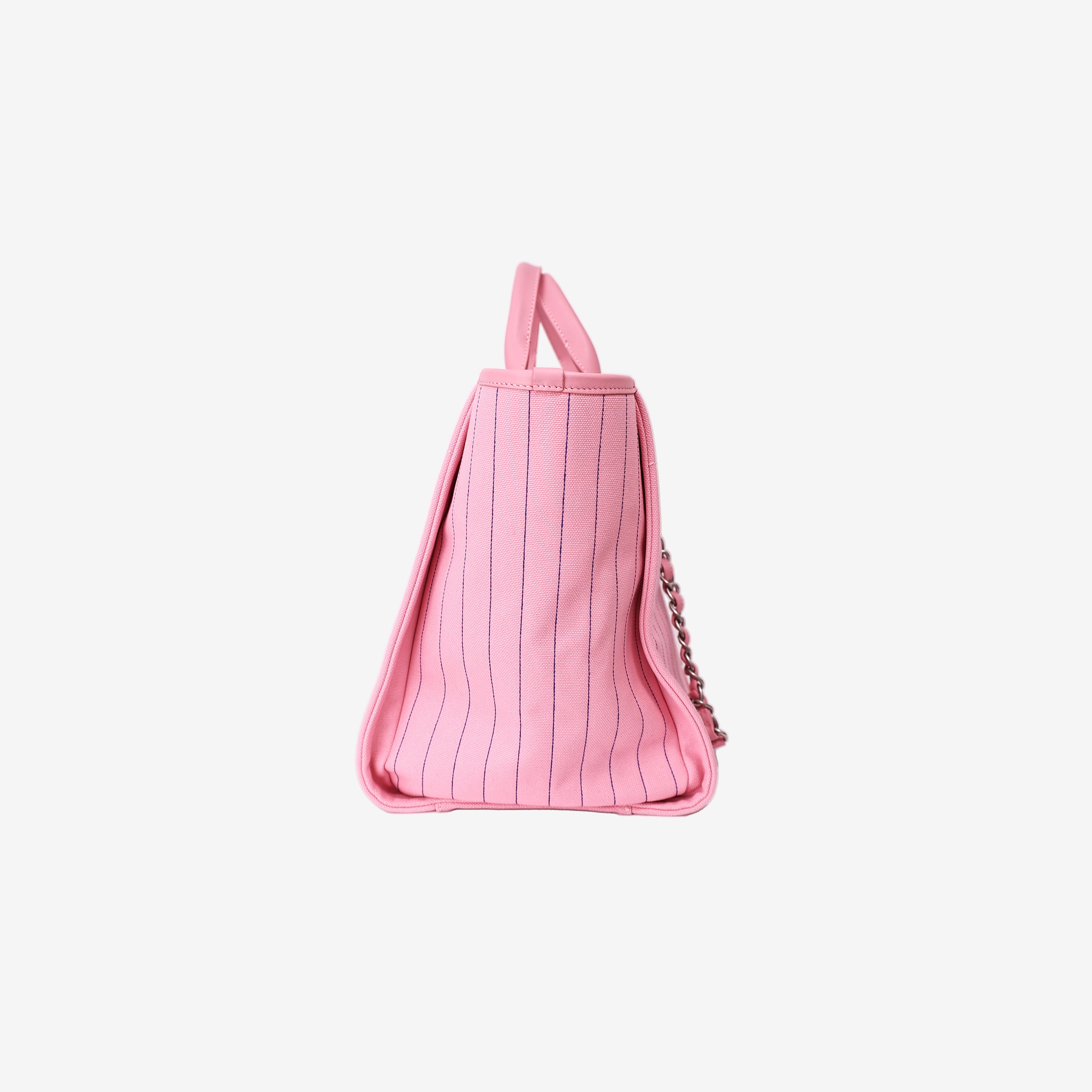Chanel Large Deauville Tote in Pink and Blue Striped Canvas with Calfskin Leather and Palladium Hardware side view