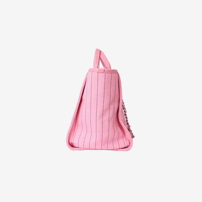 Chanel Large Deauville Tote in Pink and Blue Striped Canvas with Calfskin Leather and Palladium Hardware side view