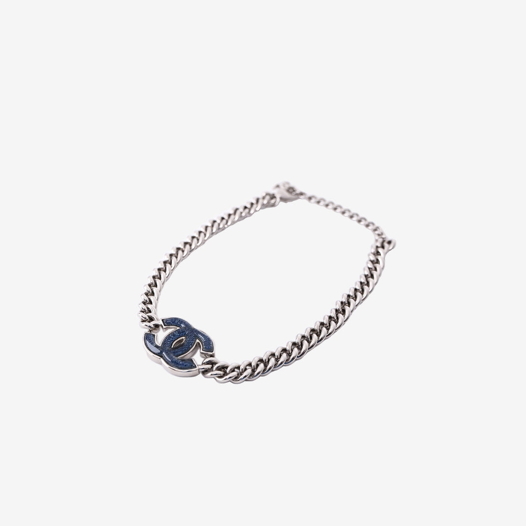 Chanel Necklace in Navy Blue Enamel with Silver Hardware