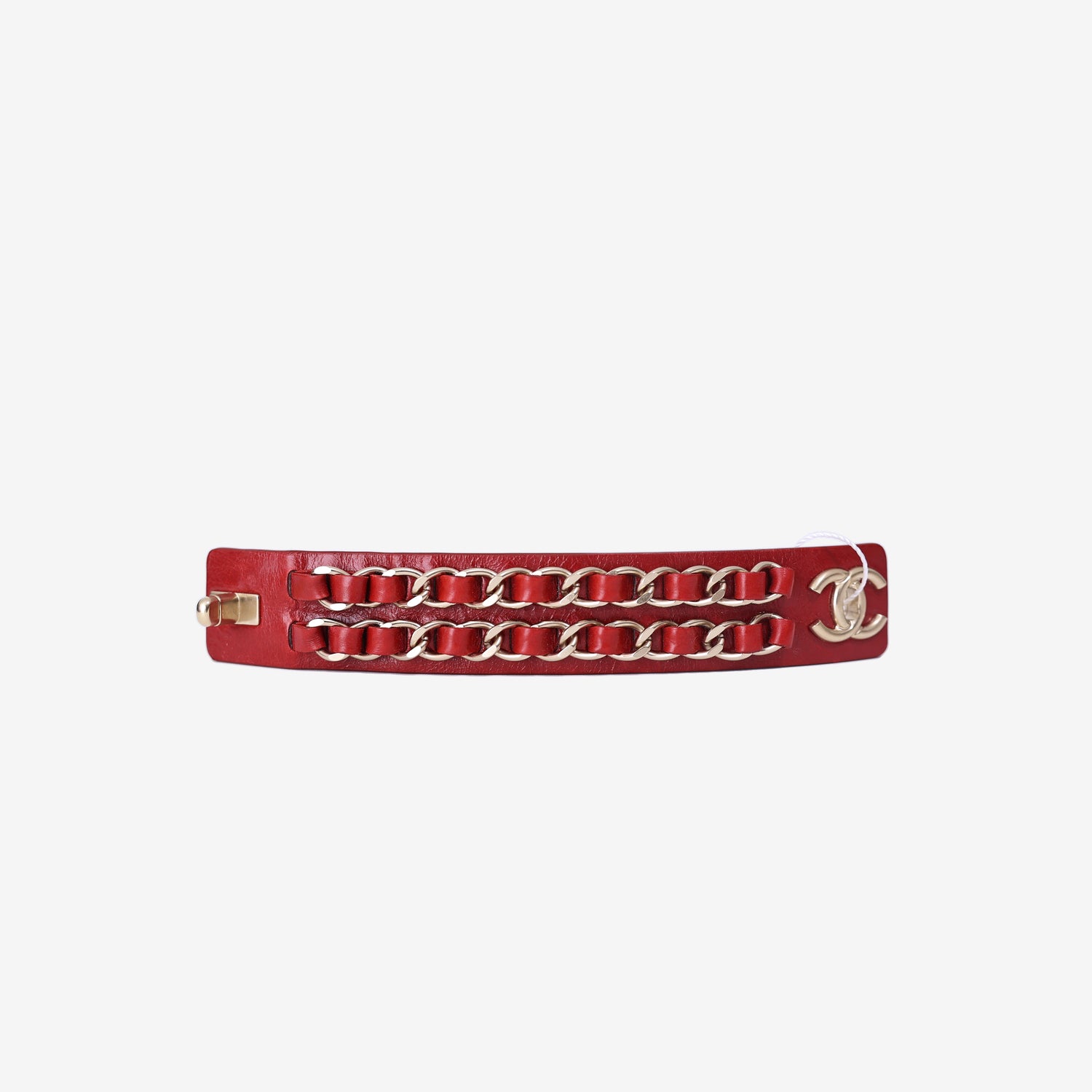 Chanel Leather Chain-Link CC Turn-Lock Bracelet in Red Lambskin Leather with Gold Hardware front view