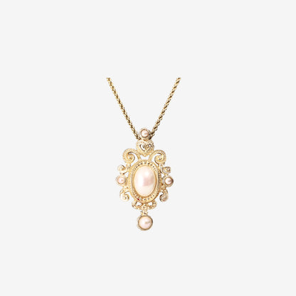 Dior Vintage Pendant Necklace in Gold-Tone Hardware with Baroque Filigree & Faux Pearls