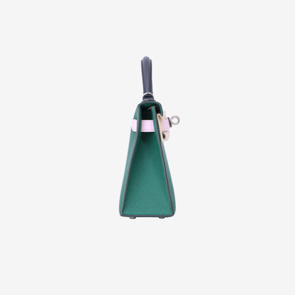 Hermès Mini Kelly 20 in Vert Moyen/Mauve Pale Epsom Leather with Palladium Hardware side view
