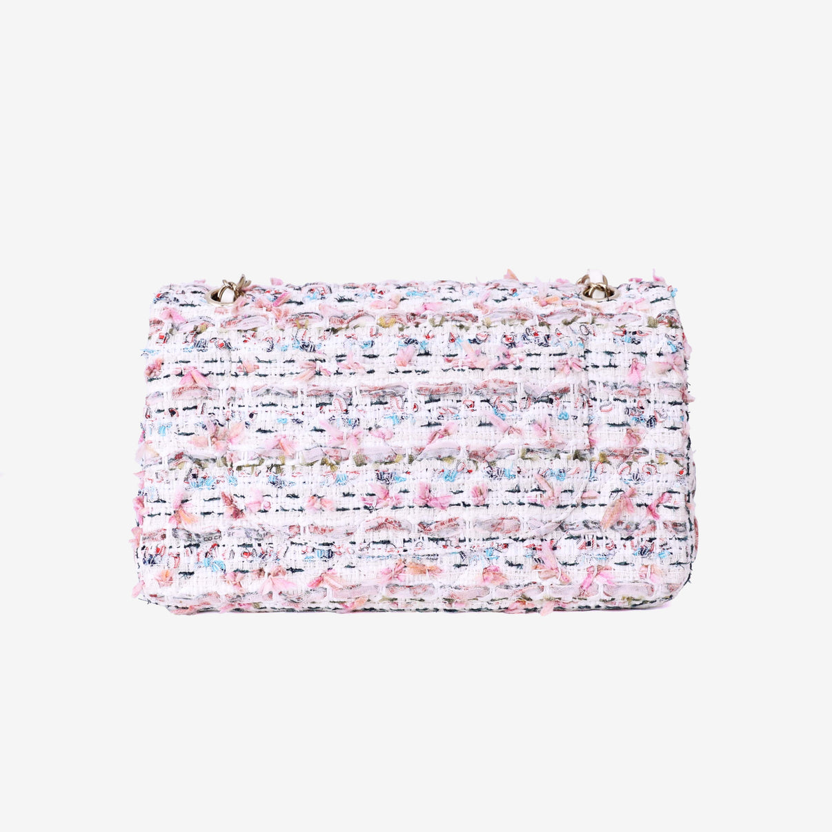 Chanel Classic Flap Bag in White/Pink Tweed Leather with Gold Hardware back view
