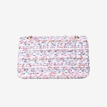 Chanel Classic Flap Bag in White/Pink Tweed Leather with Gold Hardware back view