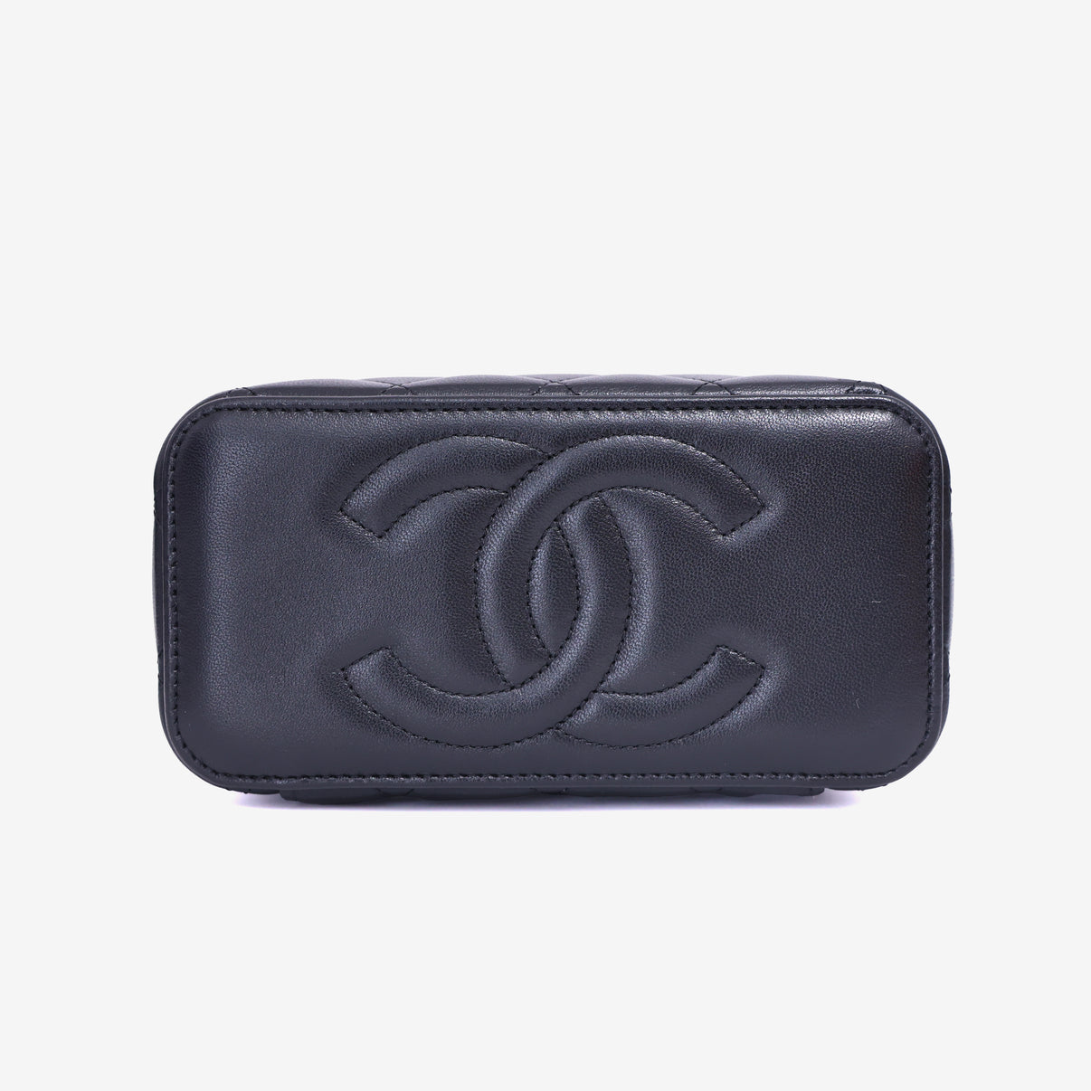 Chanel Vanity Case with Top Handle in Black Lambskin Leather with Gold Hardware bottom view