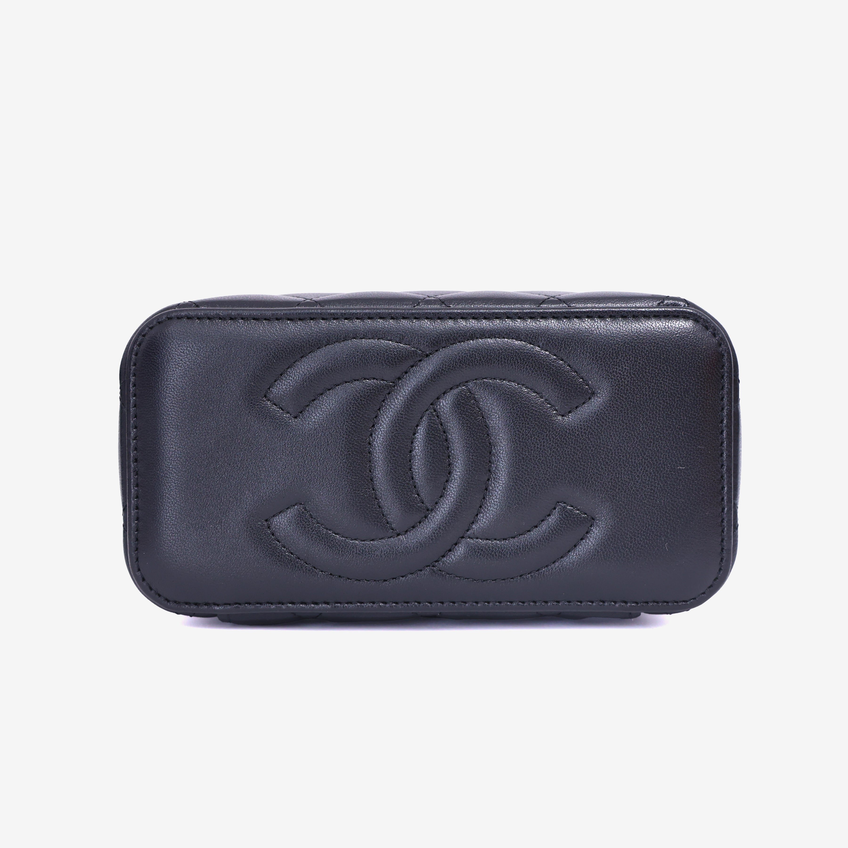 Chanel Vanity Case with Top Handle in Black Lambskin Leather with Gold Hardware bottom view