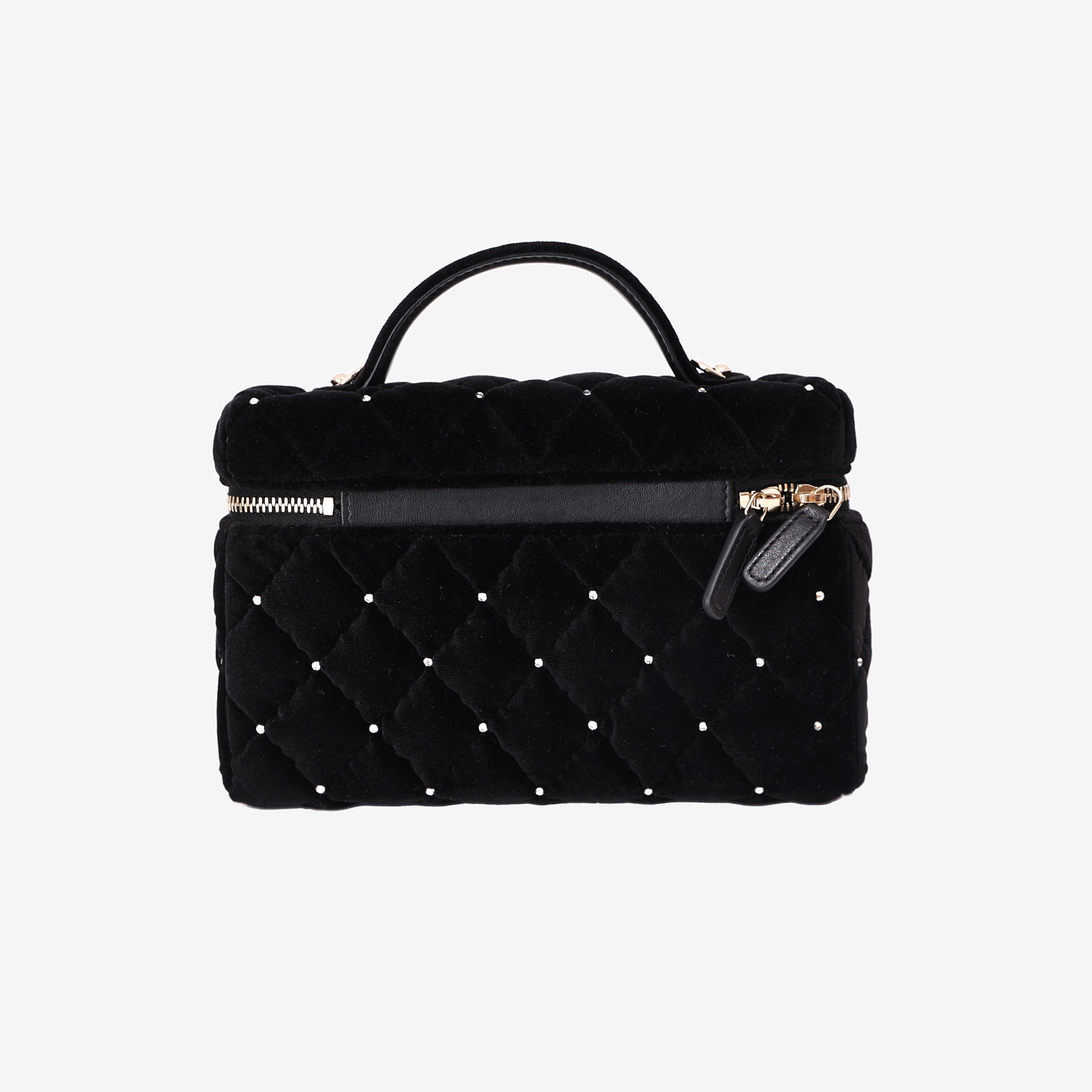 Chanel Velvet Diamanté Quilted Top Handle Vanity Case in Black with Gold Hardware back view