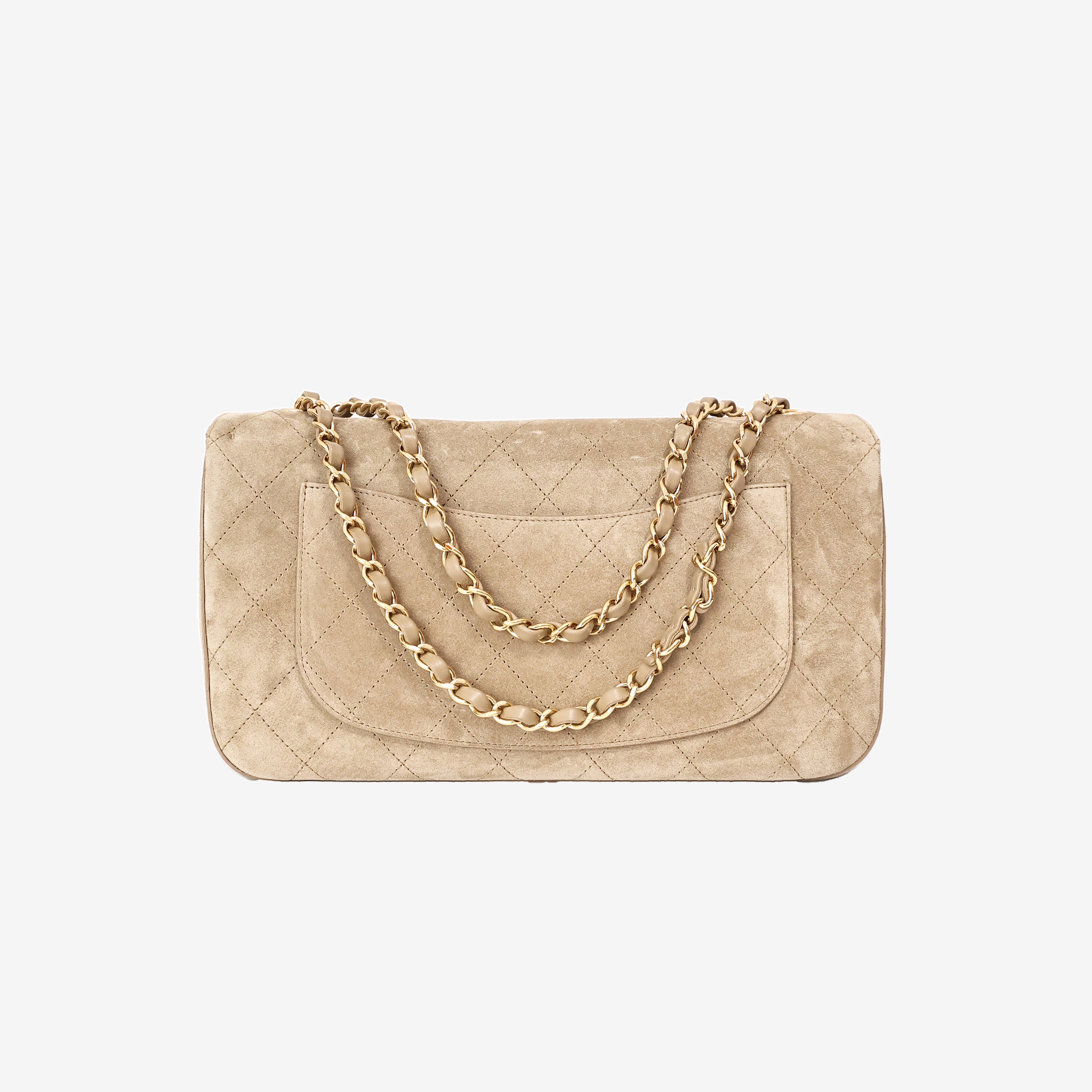 Chanel 26S Maxi Flap Bag in Dark Beige Suede Calfskin Leather with Gold Hardware back view