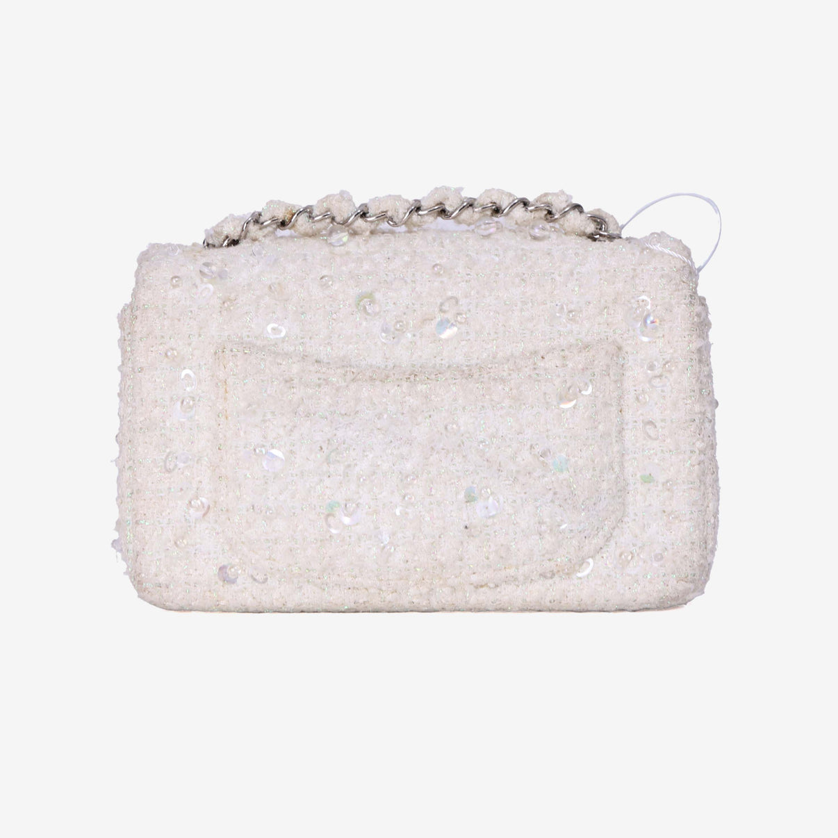 Chanel Tweed Beaded Mini Rectangular Flap in White Tweed with Silver Hardware back view