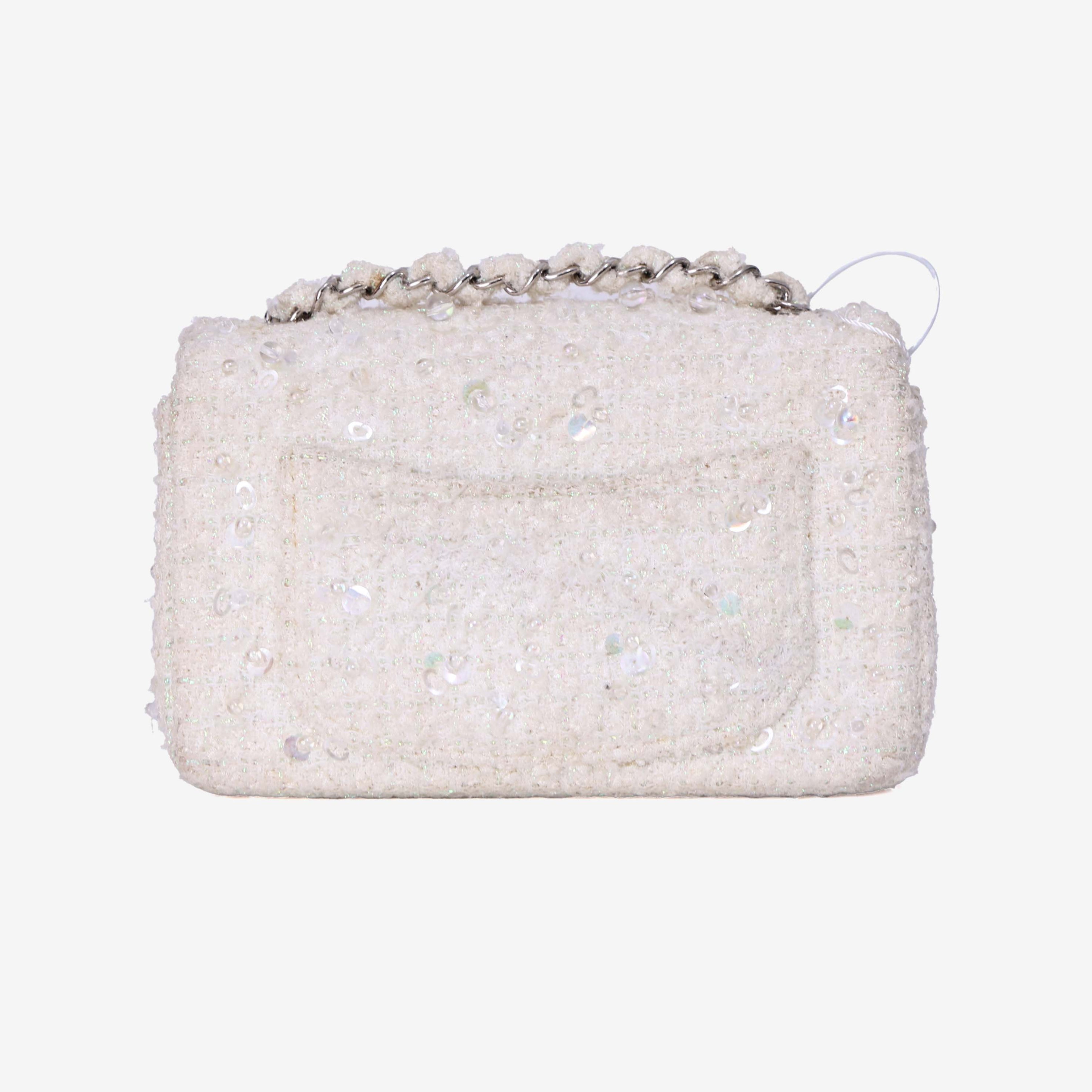 Chanel Tweed Beaded Mini Rectangular Flap in White Tweed with Silver Hardware back view