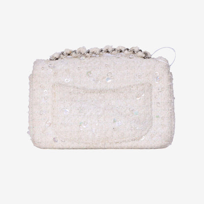 Chanel Tweed Beaded Mini Rectangular Flap in White Tweed with Silver Hardware back view