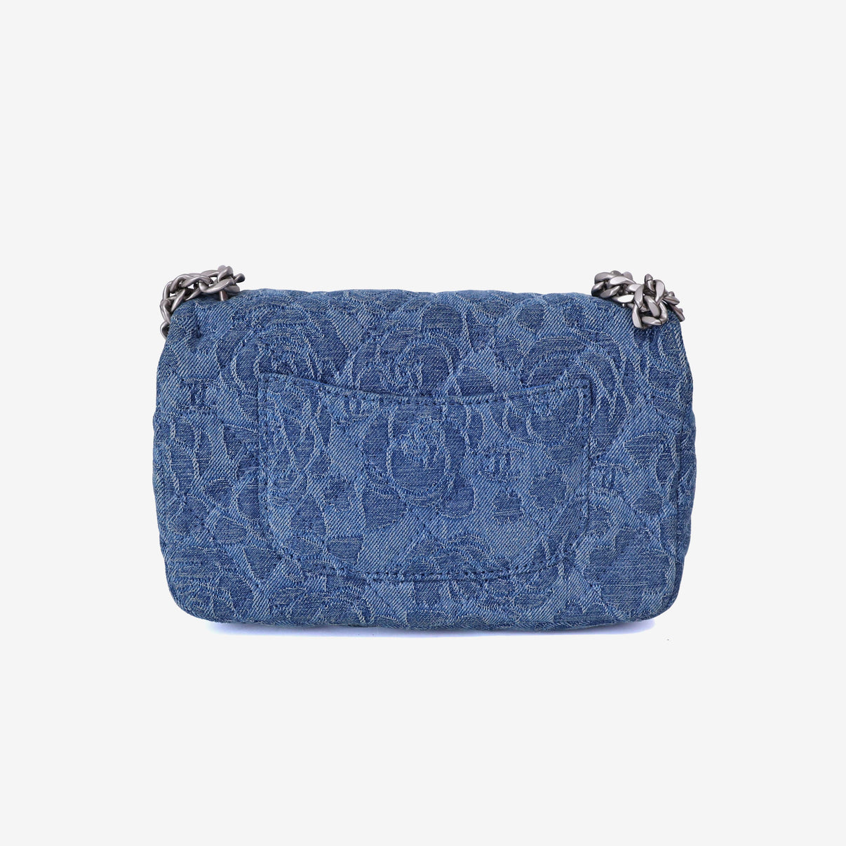 Chanel Heart Crush Mini Flap Bag in Blue Denim Leather with Silver Hardware back view