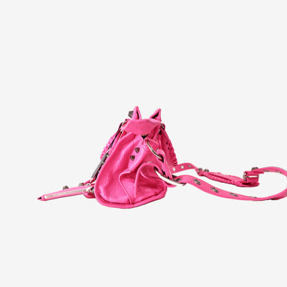 Balenciaga Neo Cagole City Bag in Fluorescent Pink Crinkled Lambskin Leather with Silver Hardware