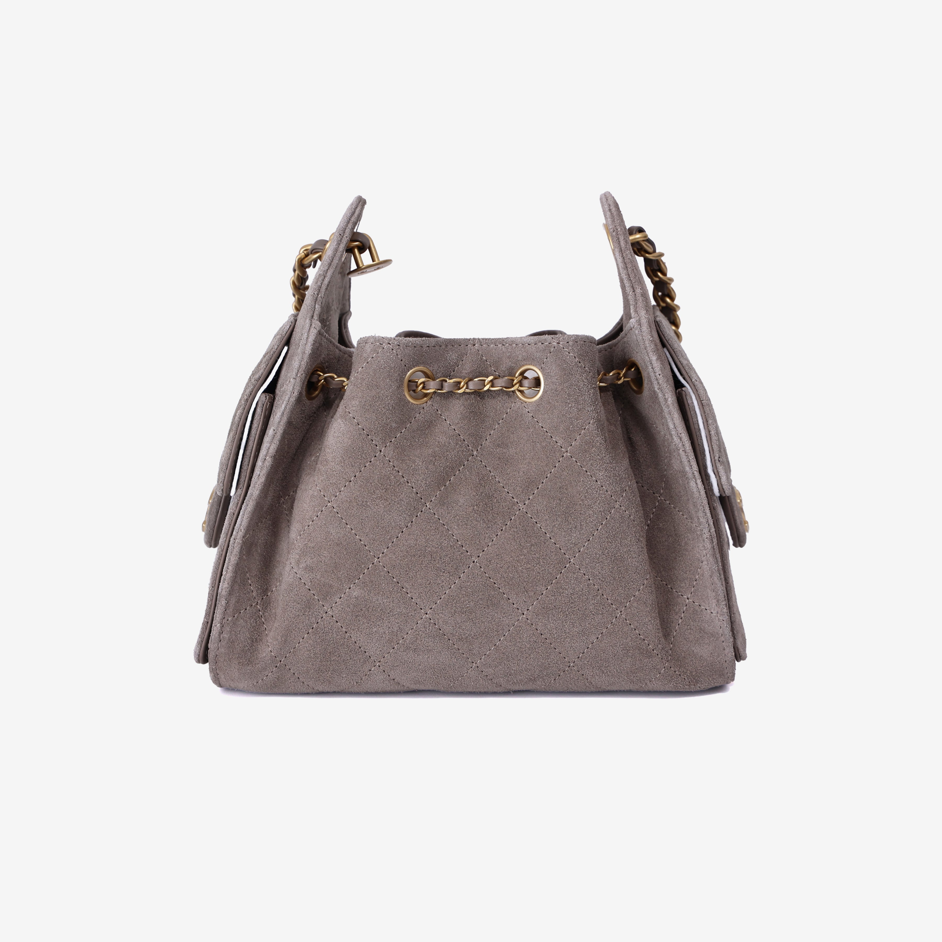 Chanel 25 Small Handbag in Dark Grey Suede with Gold Hardware back view