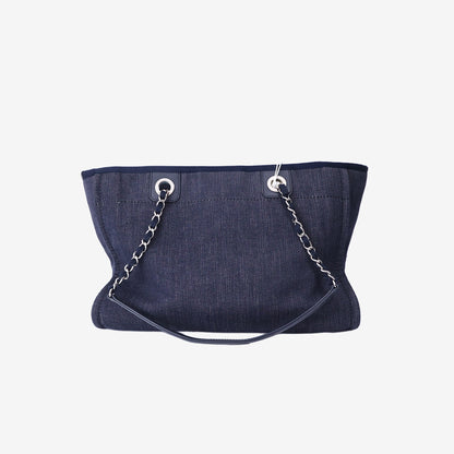Chanel Deauville Medium Tote Bag in Dark Blue Denim Canvas with Silver Hardware