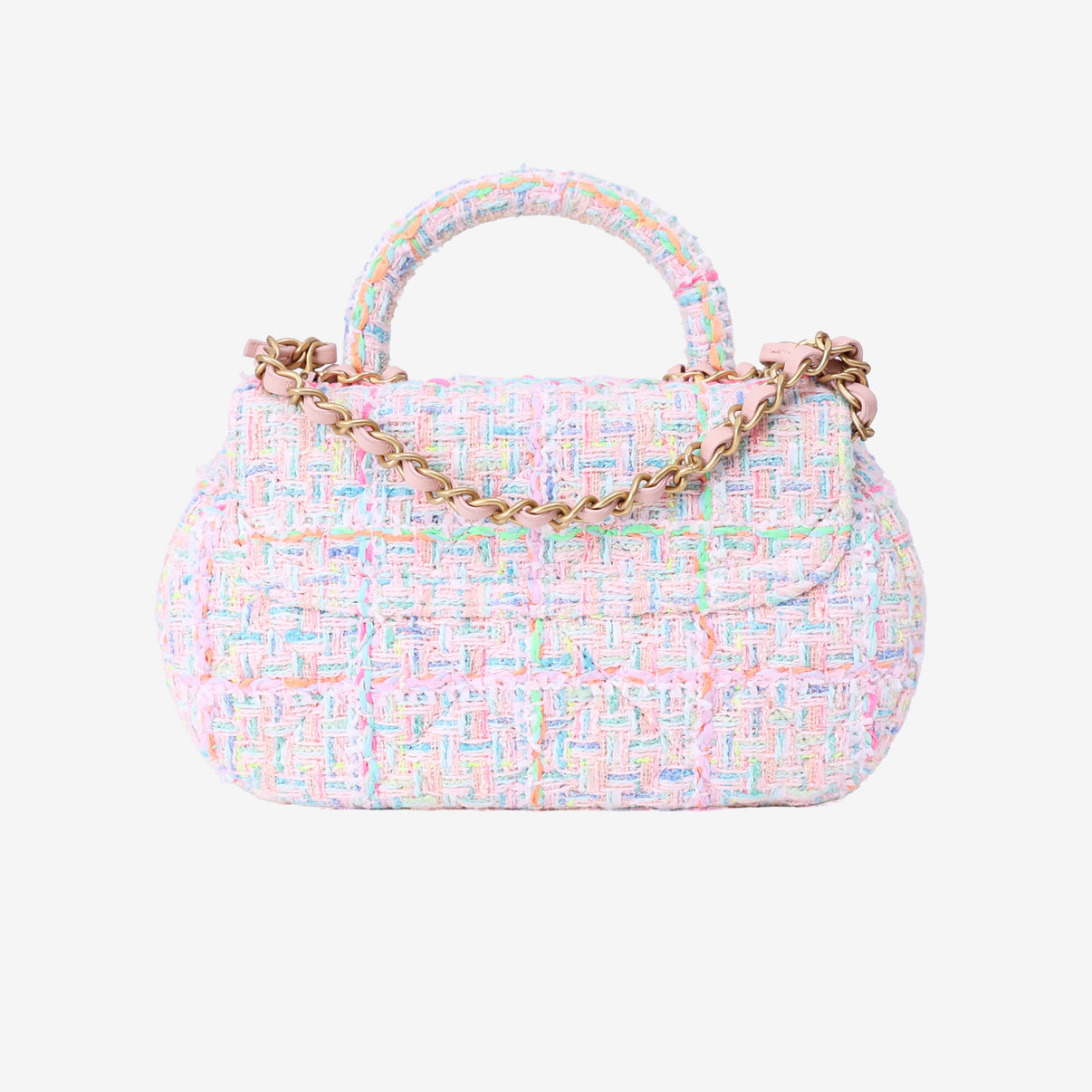 Chanel Mini Flap Bag with Top Handle in Pink Tweed Leather with Gold Hardware back view