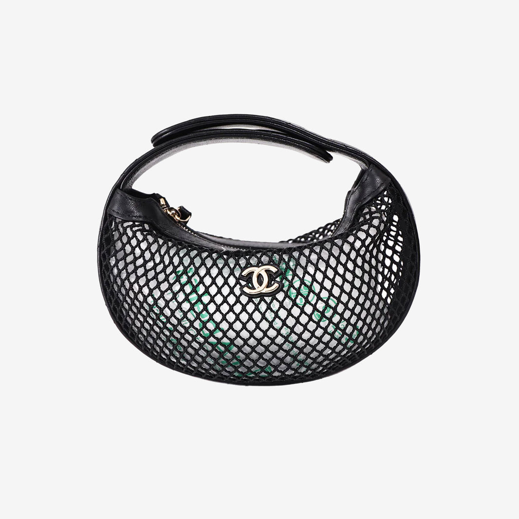 Chanel Mesh Mini Round Hobo Pouch Bag in Black Mesh with Gold Hardware