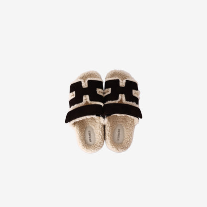 Hermès Chypre Sandals in Marron Ébène Suede Goatskin and Écru Shearling (Size 38.5)