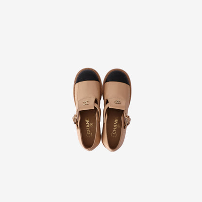 Chanel Mary Jane Flats in Beige Leather with Black Patent Cap-Toe (Size 38)
