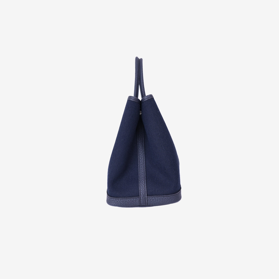 Hermès Garden Party 30 in Bleu Indigo Toile Canvas with Palladium Hardware side view