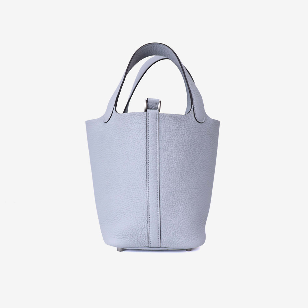 Hermès Picotin 18 in Bleu Glacier Clemence Leather with Palladium Hardware front view