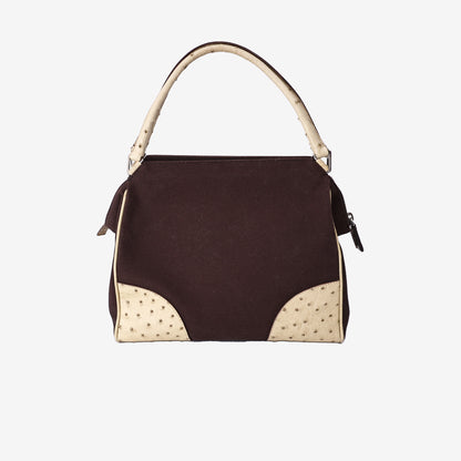 Prada Triangle Ostrich Shoulder Bag in Brown Canvas and Ostrich Leather
