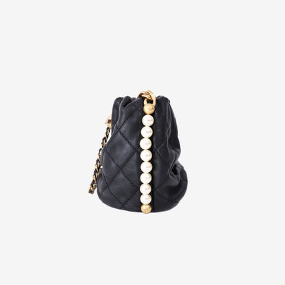 *RARE* Chanel Mini About Pearls Drawstring Bucket Bag in Black Quilted Calfskin Leather with Gold Hardware