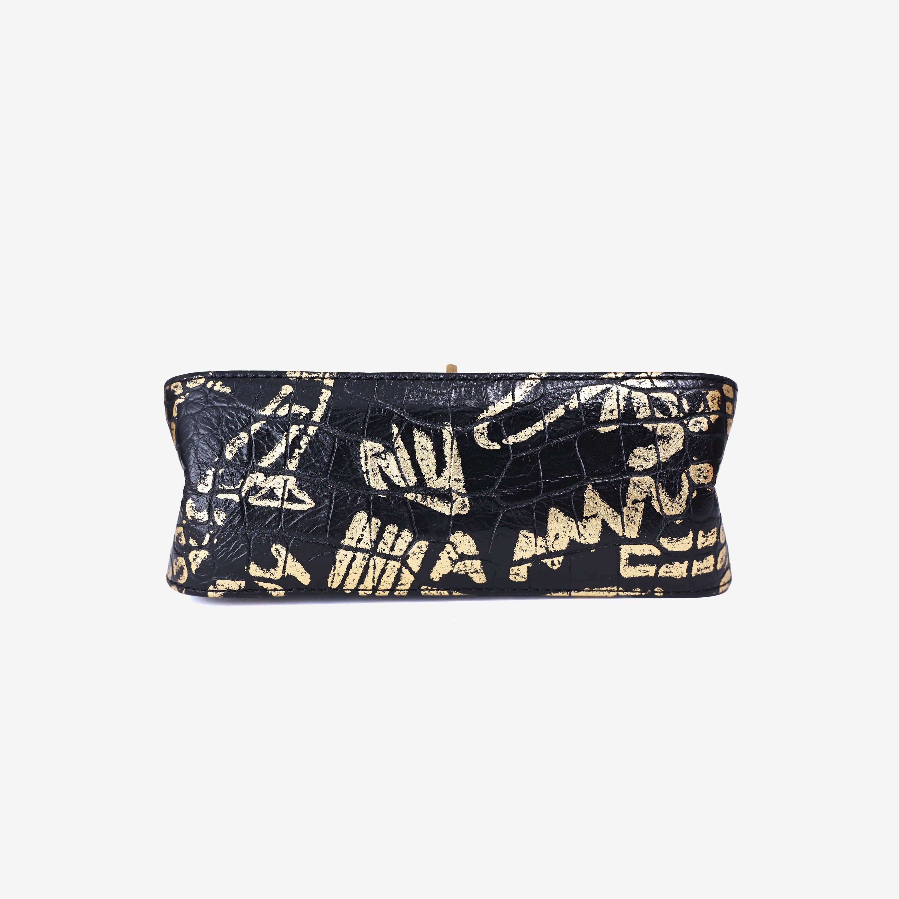 Chanel 2.55 Reissue 224 Graffiti Bag in Black Croc-Embossed Calfskin Leather with Gold Hardware bottom view
