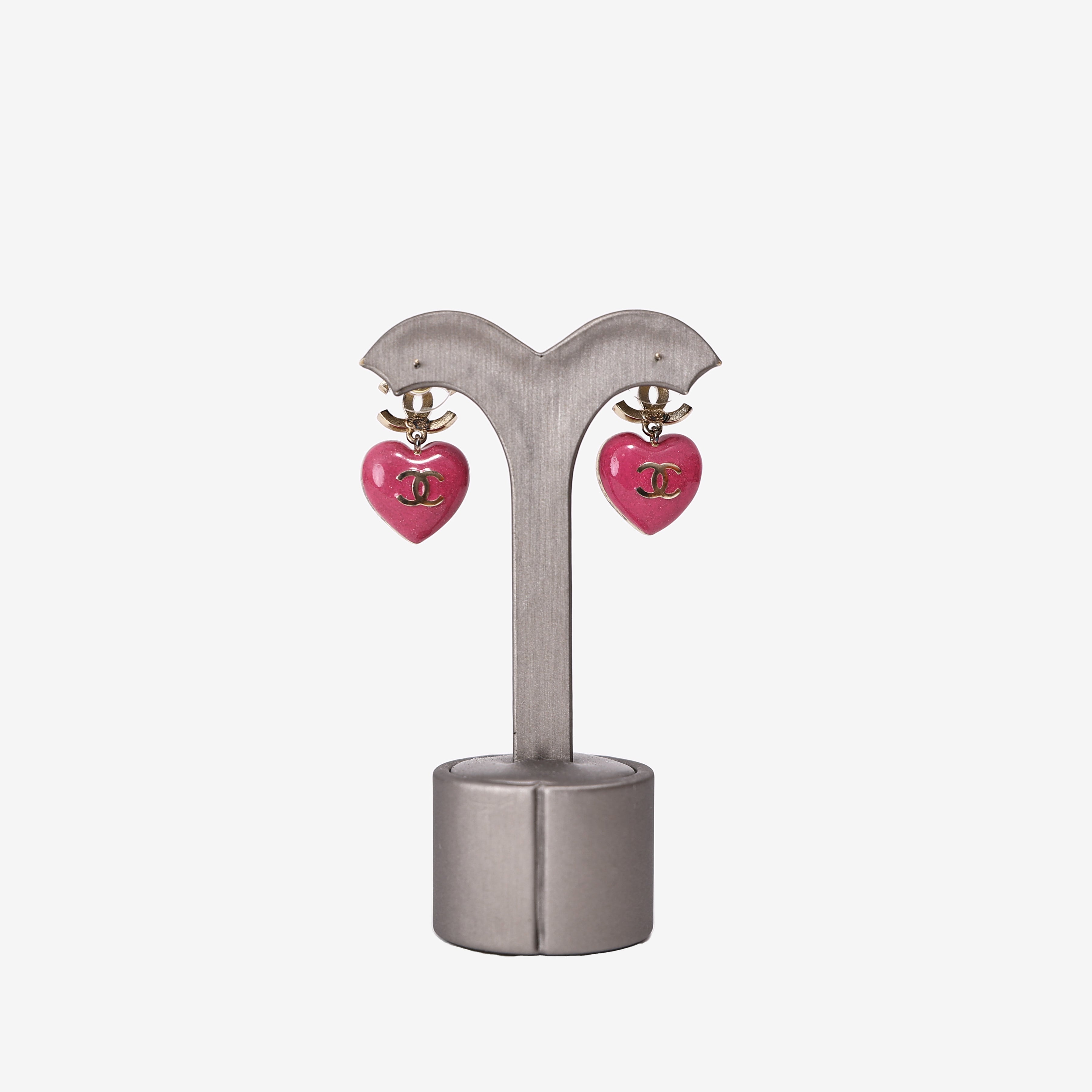 Chanel Crystal CC Resin Heart Drop Earrings in Pink Resin with Gold Hardware back view
