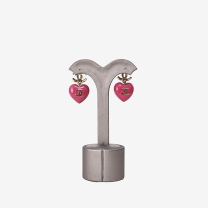 Chanel Crystal CC Resin Heart Drop Earrings in Pink Resin with Gold Hardware back view