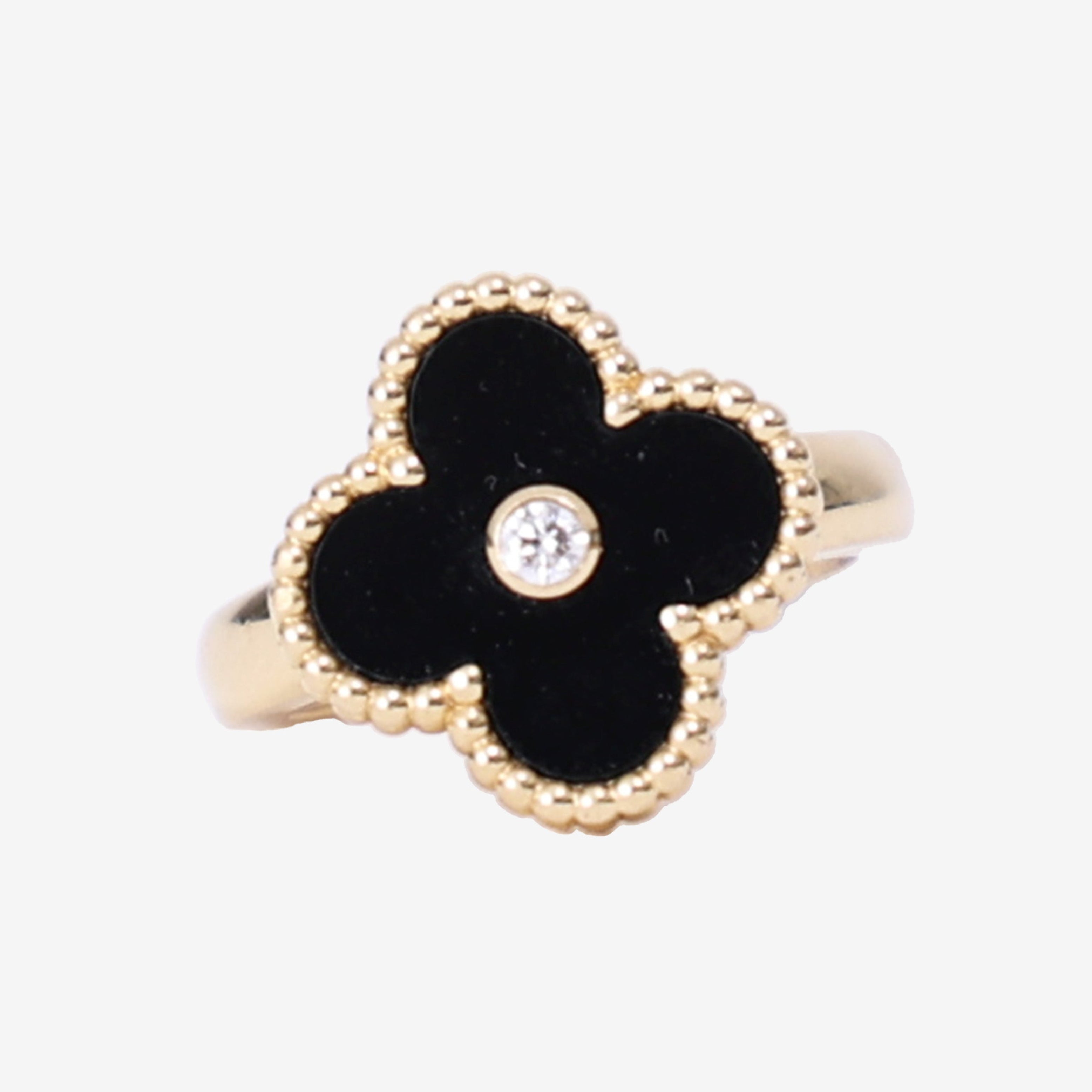 Van Cleef & Arpels Vintage Alhambra Ring in Black Onyx Yellow Gold with Diamond detail view