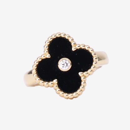 Van Cleef & Arpels Vintage Alhambra Ring in Black Onyx Yellow Gold with Diamond detail view
