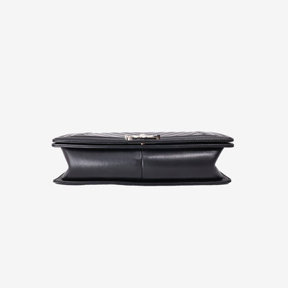 Chanel Boy Bag in Black Chevron Leather with Silver Hardware