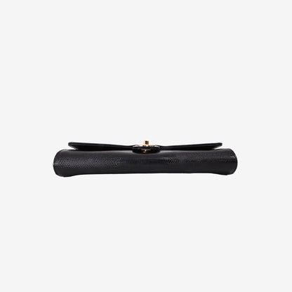 Chanel 26A Clutch with Top Handle in Black Lizard-Embossed Calfskin with Gold Hardware