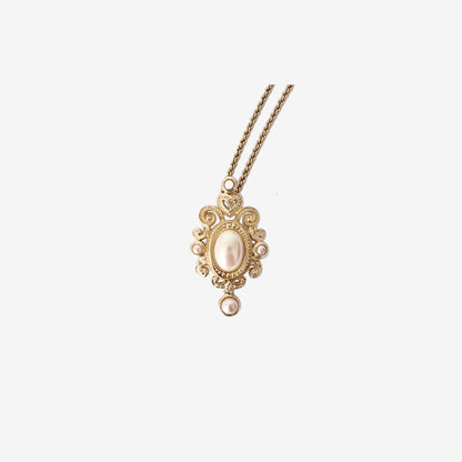 Dior Vintage Pendant Necklace in Gold-Tone Hardware with Baroque Filigree & Faux Pearls