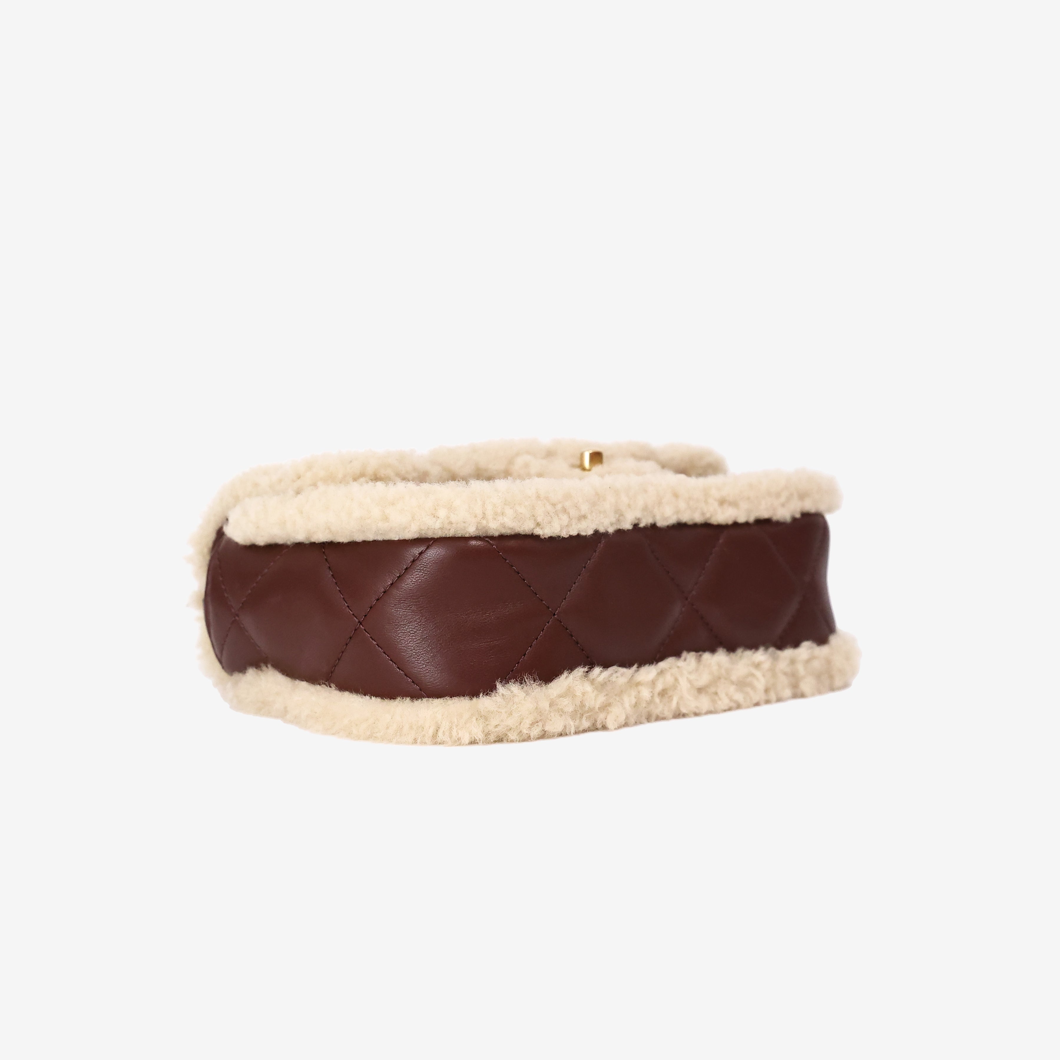Chanel Shearling Lambskin Quilted Mini Flap in Beige/Brown Lambskin Leather with Shearling bottom side view