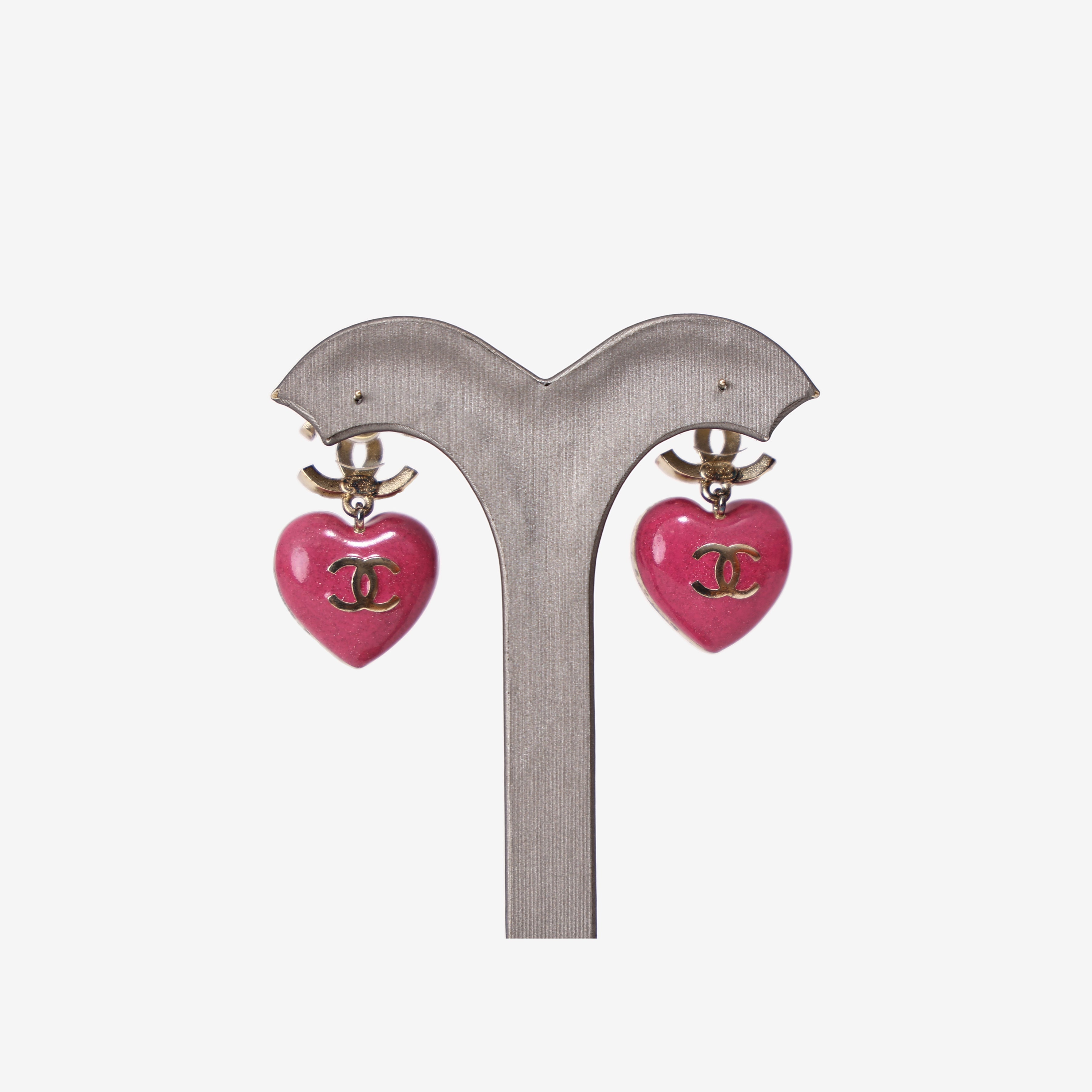 Chanel Crystal CC Resin Heart Drop Earrings in Pink Resin with Gold Hardware detail back view