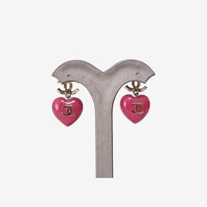 Chanel Crystal CC Resin Heart Drop Earrings in Pink Resin with Gold Hardware detail back view