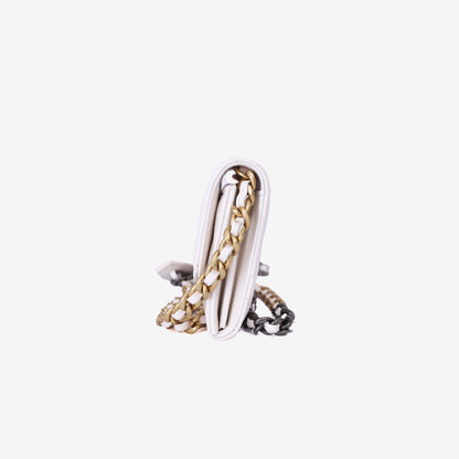 Chanel 19 Card Holder on Chain in White Lambskin Leather with Gold Hardware side view