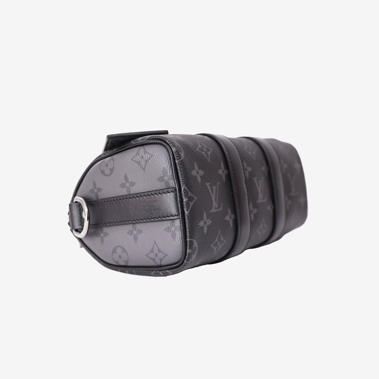 Louis Vuitton Keepall 25 in Monogram Eclipse Reverse Canvas with Black Leather Trim bottom side view
