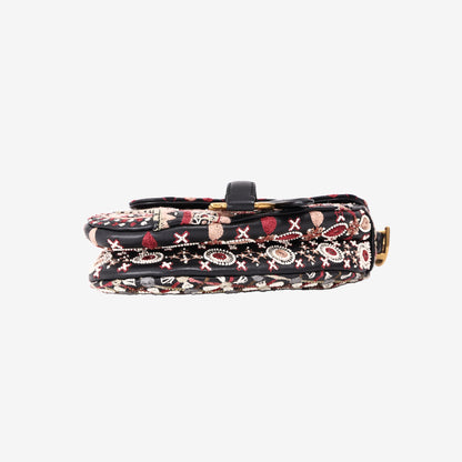 Christian Dior Mini Saddle Bag in Black/Burgundy/White Embroidered Canvas with Gold Hardware