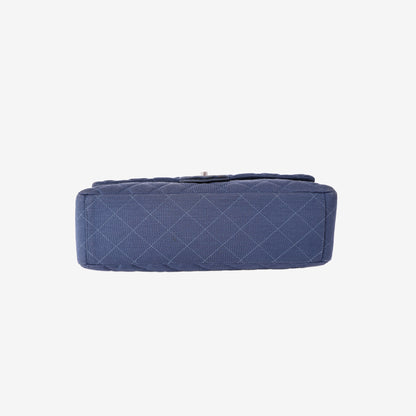 Chanel Quilted Jersey Denim Classic Flap Bag in Blue Knit Fabric with Silver Hardware