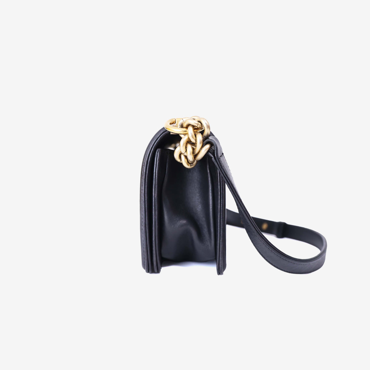 Chanel Boy Bag in Black Lambskin Leather with Gold Hardware side view