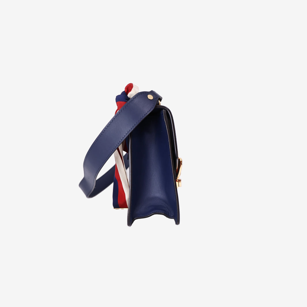 Gucci Sylvie Small Shoulder Bag in Navy Calfskin Leather with Gold Hardware