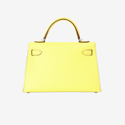 Hermès Mini Kelly 20 in Jaune Citron Chevre Mysore Leather with Palladium Hardware back view