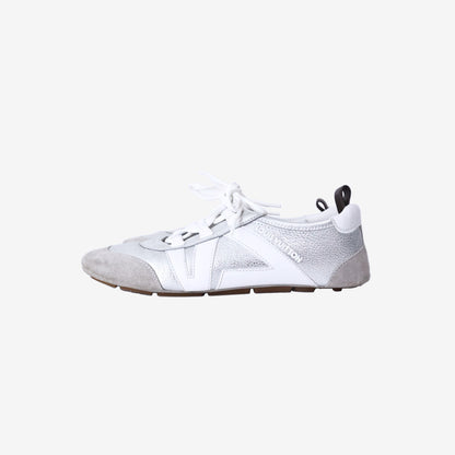 Louis Vuitton LV Sneakerinas in Metallic Silver Grained Calf Leather with White Trim (Size 38.5)