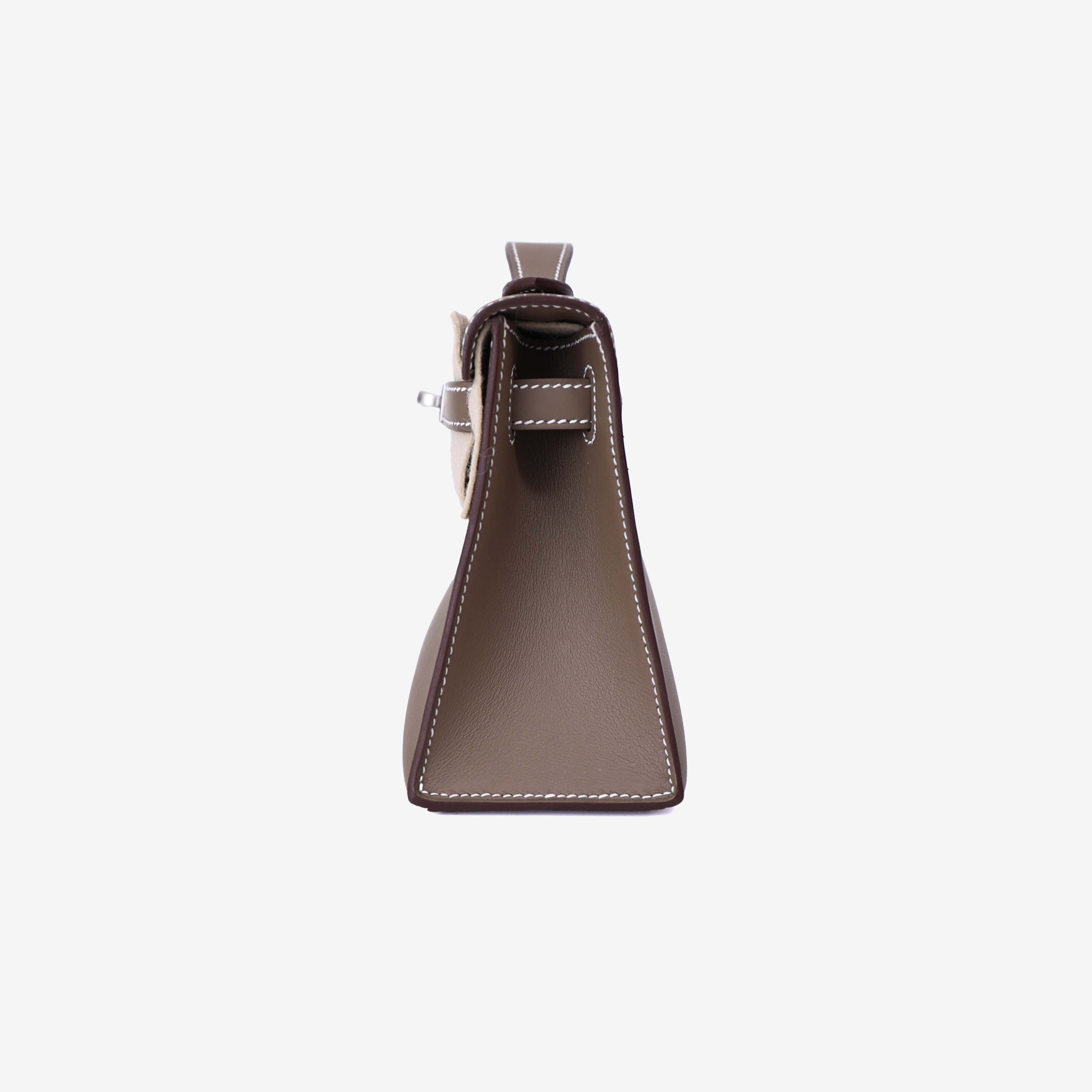 Hermès Kelly Pochette in Etoupe Swift Leather with Palladium Hardware side view