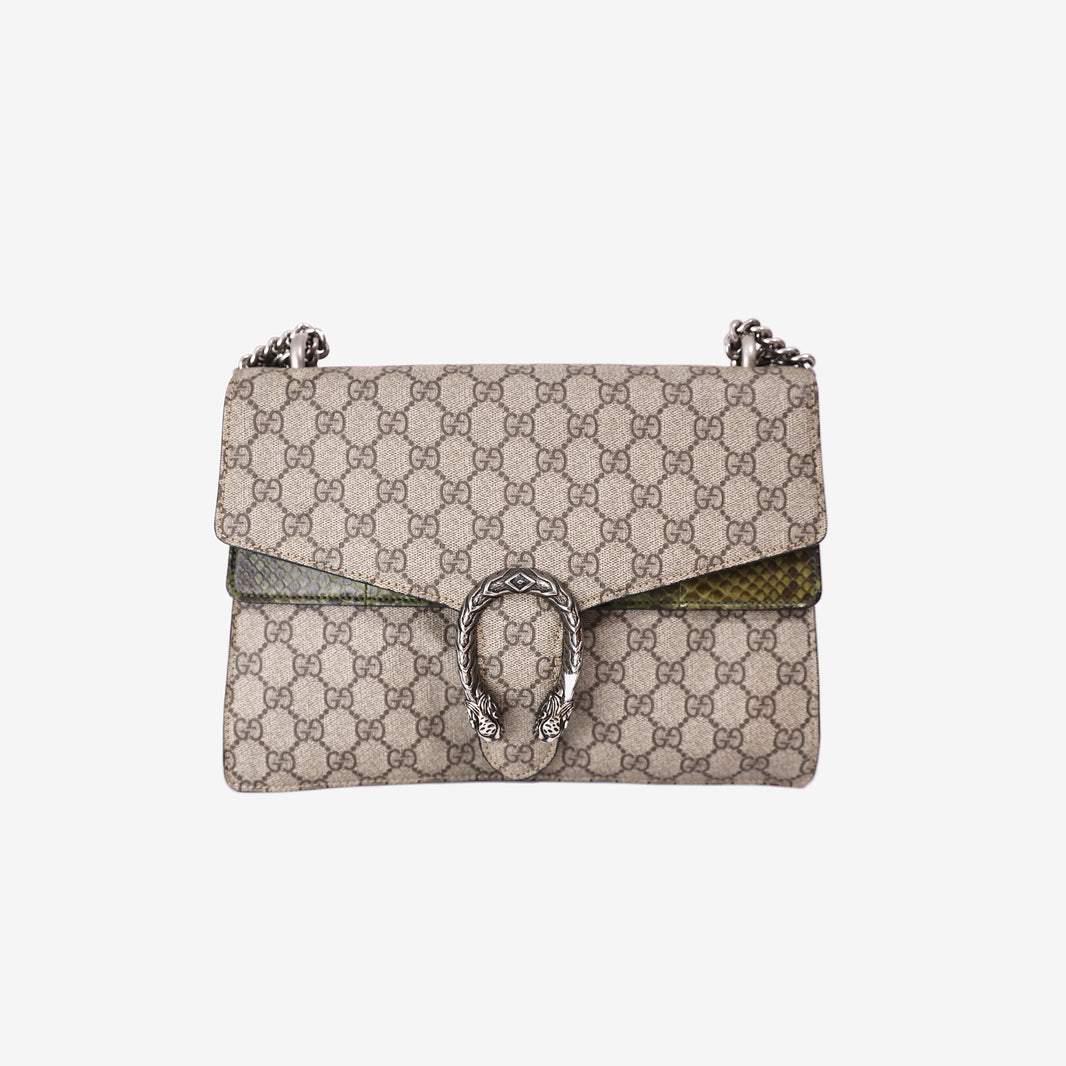 Gucci Dionysus Medium Shoulder Bag in Beige Ebony GG Supreme Canvas with Snakeskin Print and Silver Hardware